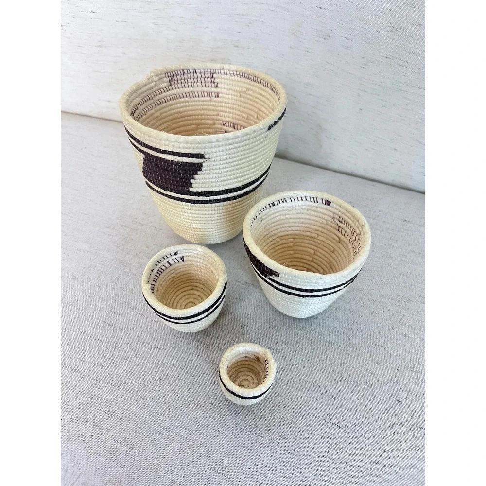 Stacking Woven Trinket Baskets | Black & White Southwest Decor | Mini Basket Set